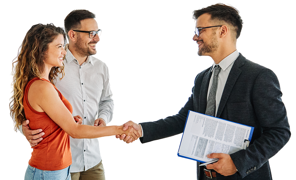 GettyImages-1406414052 1 People shaking hands, smiling, holding documents.